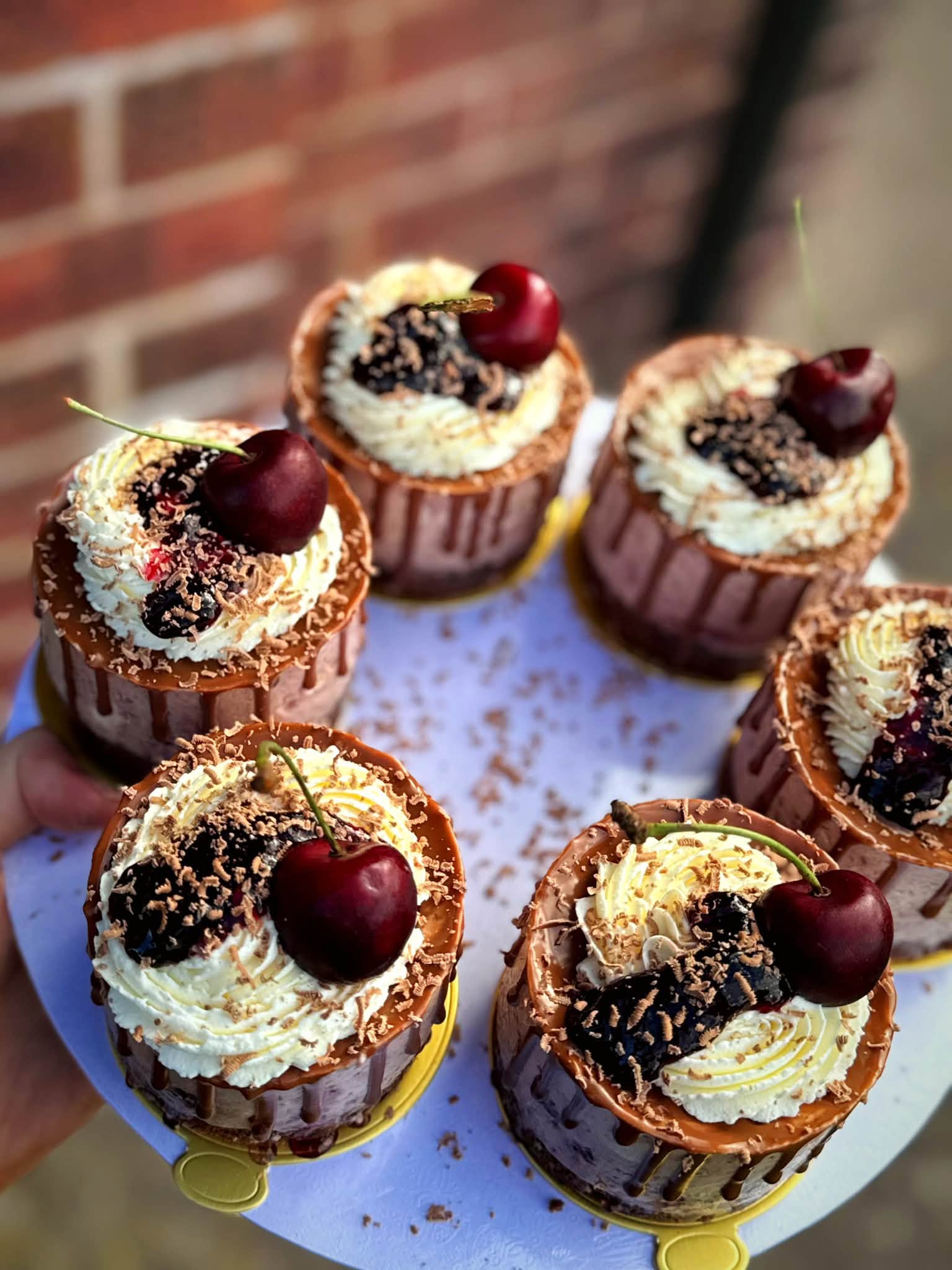 Cherry-topped mini cheesecakes with chocolate drizzle