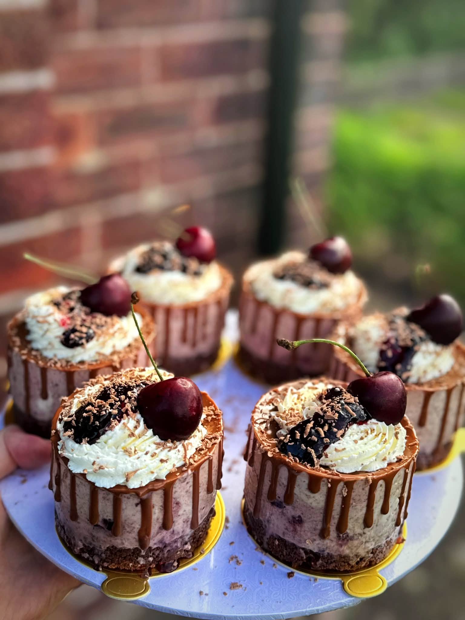 Cherry and chocolate mini cheesecakes, photographed outside the Cabin
